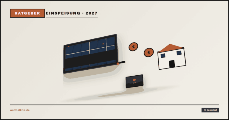 KI generiert: Einspeisevergütung 2027 mit Euro-Münze-Icon und 3D-Solarmodul, Brutal-Design in Beige, Orange und Schwarz