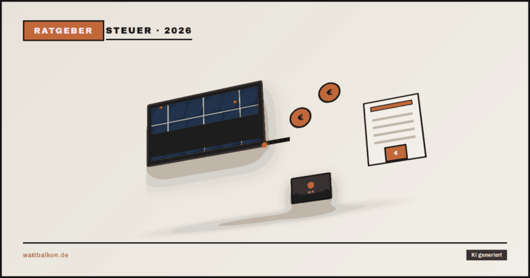 KI generiert: Balkonkraftwerk und Steuern mit Euro-Icon und 3D-Solarmodul, Brutal-Design in Beige, Orange und Schwarz