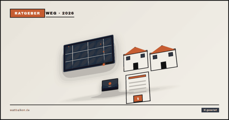KI generiert: Balkonkraftwerk in der WEG mit Häuser-Icon und 3D-Solarmodul, Brutal-Design in Beige, Orange und Schwarz