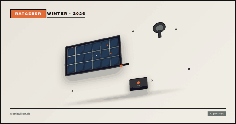 KI generiert: Balkonkraftwerk im Winter mit verschneitem 3D-Solarmodul und Winter-Icon, Brutal-Design in Beige, Orange und Schwarz