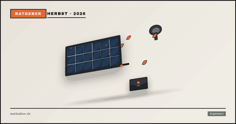 KI generiert: Balkonkraftwerk im Herbst mit 3D-Solarmodul und Herbst-Icon, Brutal-Design in Beige, Orange und Schwarz