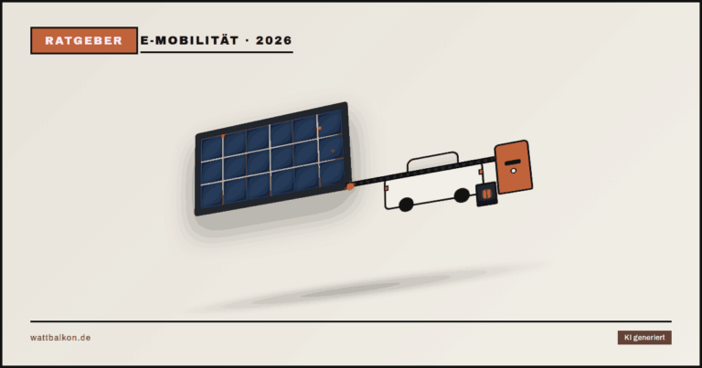 KI generiert: E-Auto lädt über Wallbox mit Balkonkraftwerk, 3D-Solarmodul und Speicher, Brutal-Design in Beige, Orange und Schwarz