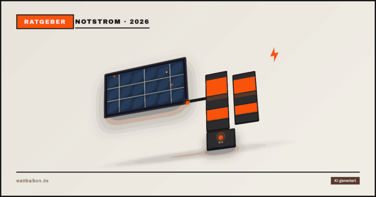 KI generiert: Notstrom-Speicher mit Blitz-Symbol und 3D-Solarmodul für Balkonkraftwerk, Brutal-Design in Beige, Orange und Schwarz