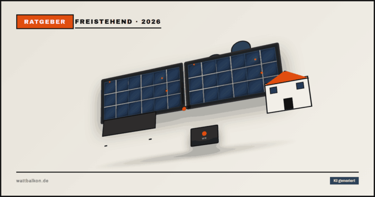 KI generiert: Freistehend aufgestelltes Balkonkraftwerk im Garten, 3D-Solarmodul auf Gestell, Brutal-Design in Beige, Orange und Schwarz