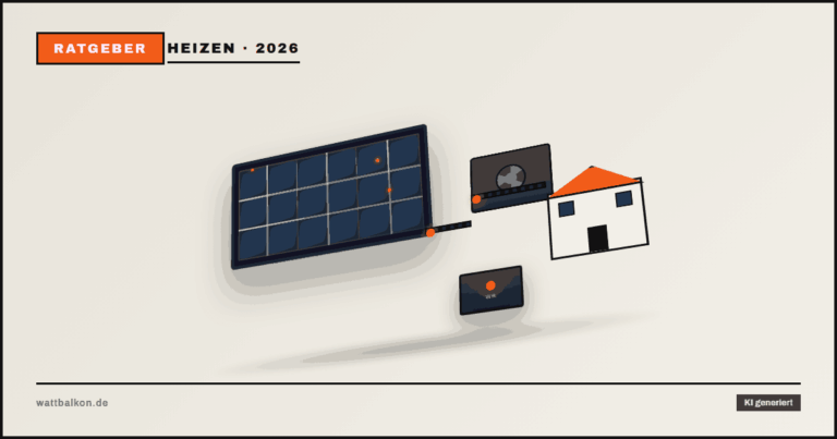 KI generiert: Balkonkraftwerk und Wärmepumpe kombiniert an einem Haus, 3D-Solarmodul mit Wechselrichter, Brutal-Design in Beige, Orange und Schwarz