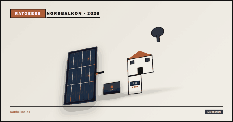 KI generiert: Steil am Nord-Balkongeländer montiertes Solarmodul mit Wechselrichter und Stromzähler, 3D-Szene, Brutal-Design in Beige, Orange und Schwarz