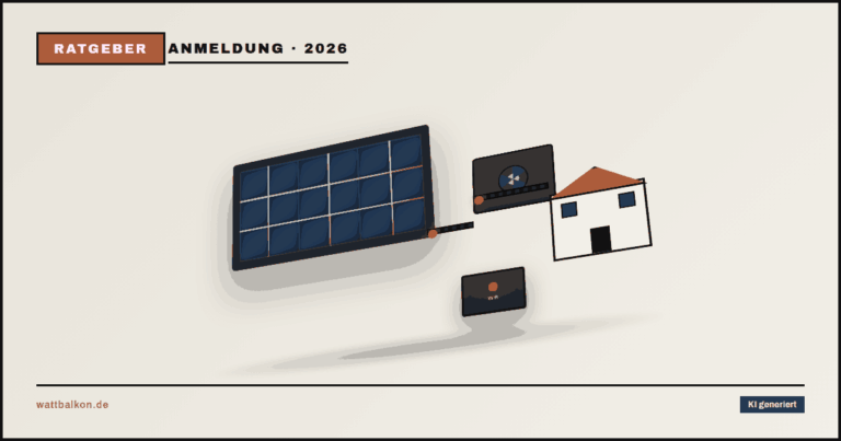 KI generiert: Balkonkraftwerk-Anmeldung im Marktstammdatenregister (MaStR) — 3D-Illustration mit Solarmodul, Formular und Stempel