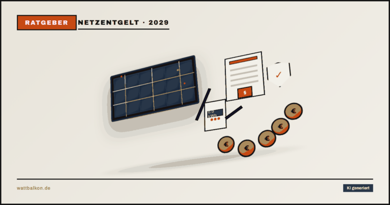 KI generiert: Balkonkraftwerk vom Prosumer-Aufschlag 2029 ausgenommen — Solarmodul, Stromzähler und Gesetzbuch der Bundesnetzagentur mit Euro-Münzen und Ausnahme-Schild in 3D-Illustration