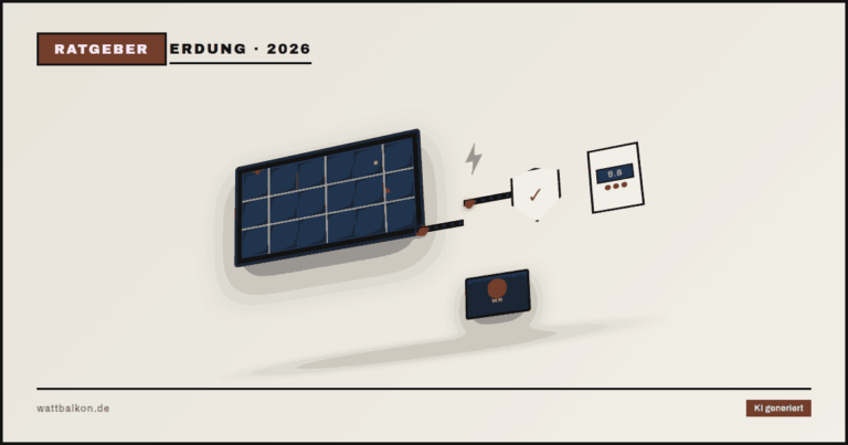 KI generiert: Balkonkraftwerk Erdung und Potentialausgleich – Solarmodul mit Blitz, Schutzschild und Stromzähler im Brutal-3D-Design