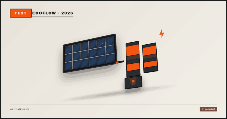 KI generiert: EcoFlow STREAM 5000 mit Speicher und 3D-Solarmodul, Brutal-Design in Beige, Orange und Schwarz