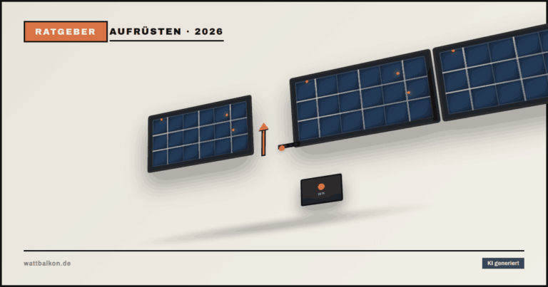 KI generiert: Balkonkraftwerk aufrüsten von 600W auf 2000W mit Pfeil-Icon und 3D-Solarmodul, Brutal-Design in Beige, Orange und Schwarz