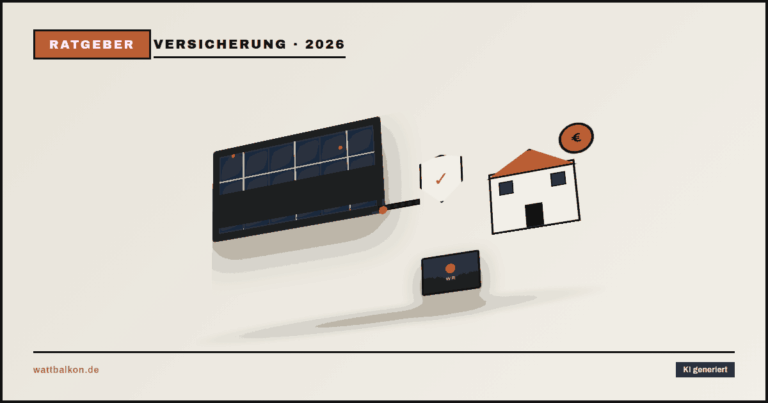 KI generiert: Balkonkraftwerk Versicherung mit Schutz-Schild-Icon und 3D-Solarmodul, Brutal-Design in Beige, Orange und Schwarz