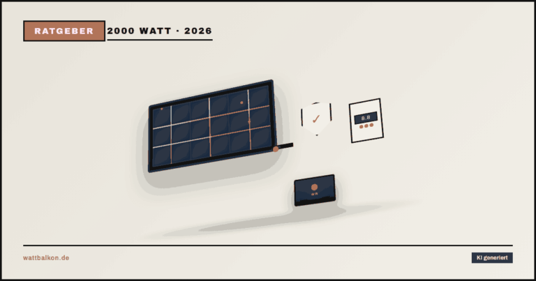 KI generiert: Balkonkraftwerk 2000 Watt erlaubt mit Haken-Icon und 3D-Solarmodul, Brutal-Design in Beige, Orange und Schwarz