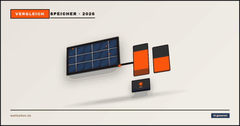 KI generiert: 5-kWh-Speicher mit zwei Akku-Einheiten und 3D-Solarmodul, Brutal-Design in Beige, Orange und Schwarz