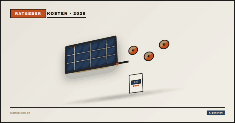 KI generiert: Kosten für Balkonkraftwerk mit Euro-Icon und 3D-Solarmodul, Brutal-Design in Beige, Orange und Schwarz