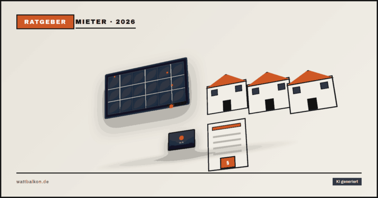KI generiert: Balkonkraftwerk als Mieter mit Mehrfamilienhaus-Icon und 3D-Solarmodul, Brutal-Design in Beige, Orange und Schwarz