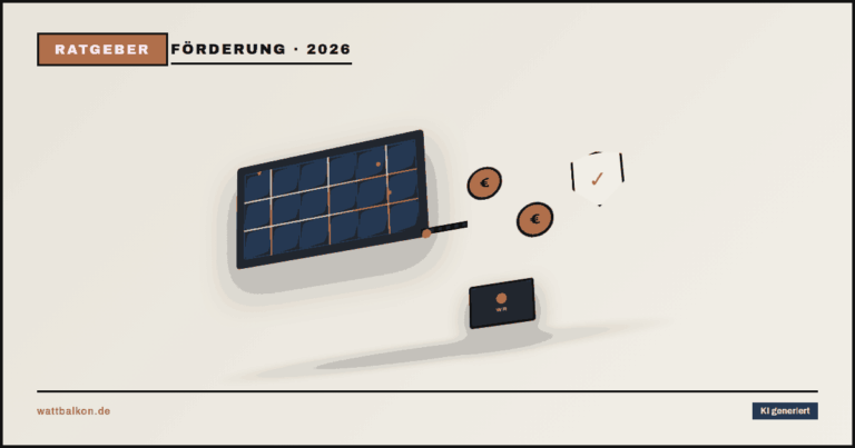 KI generiert: Förderung für Balkonkraftwerk mit Euro-Fördertopf-Icon und 3D-Solarmodul, Brutal-Design in Beige, Orange und Schwarz