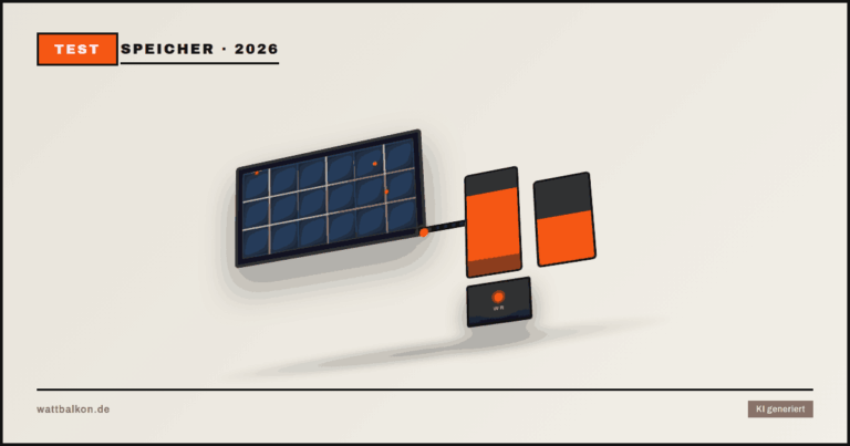 KI generiert: Balkonkraftwerk-Speicher im Test, 3D-Speicher und Solarmodul, Brutal-Design in Beige, Orange und Schwarz