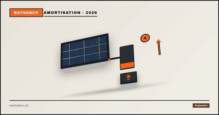 KI generiert: Speicher-Amortisation mit Euro-Diagramm-Icon und 3D-Solarmodul, Brutal-Design in Beige, Orange und Schwarz