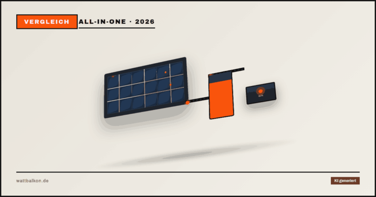 KI generiert: All-in-One Balkonkraftwerk mit Speicher, 3D-Solarmodul und Akku-Einheit, Brutal-Design in Beige, Orange und Schwarz