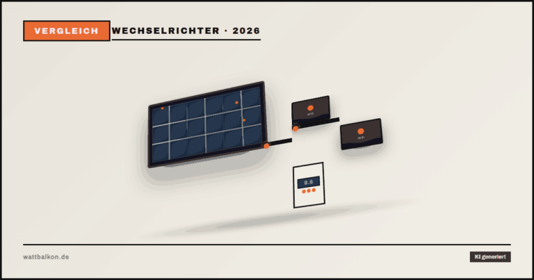 KI generiert: 800-Watt-Wechselrichter Vergleich mit 3D-Wechselrichter und Solarmodul, Brutal-Design in Beige, Orange und Schwarz