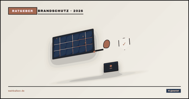 KI generiert: Brandschutz am Balkonkraftwerk mit Flammen-Icon und 3D-Solarmodul, Brutal-Design in Beige, Orange und Schwarz