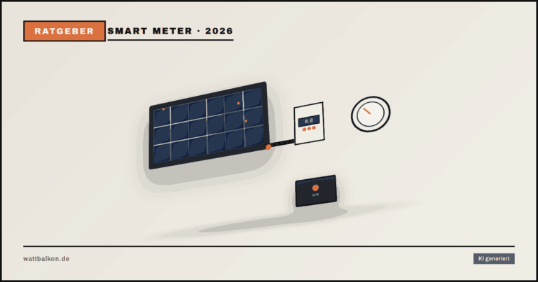 KI generiert: Balkonkraftwerk mit Smart Meter und dynamischem Tarif, 3D-Solarmodul mit Zähler-Icon, Brutal-Design in Beige, Orange und Schwarz