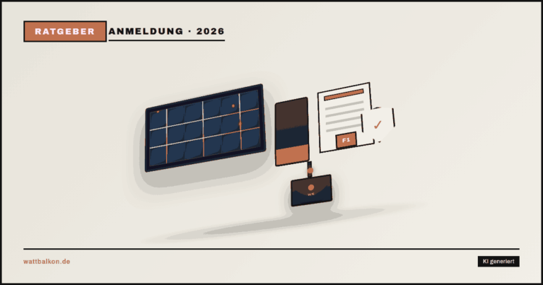 KI generiert: Balkonkraftwerk mit Speicher anmelden 2026 – 3D-Szene mit Solarmodul, Speicher, Wechselrichter und Formular F.1.2 für die MaStR-Anmeldung