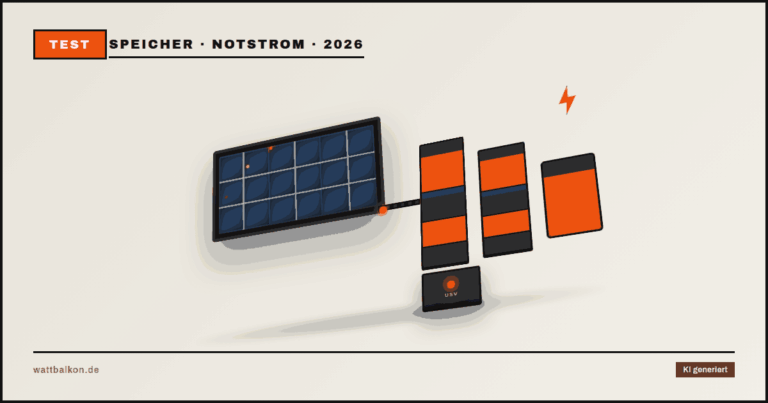 KI generiert: Brutal-3D-Illustration zum Jackery SolarVault 3 Pro Test — Solarmodul lädt zwei Speichertürme und Batterie, USV-Wechselrichter mit Blitz-Symbol für Notstromfunktionalität