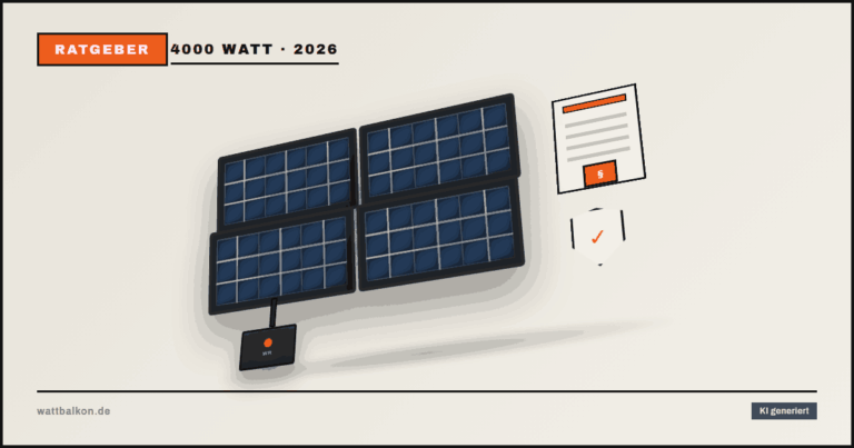 KI generiert: Balkonkraftwerk mit 4.000 Watt Modulleistung – vier Solarmodule im 2×2-Raster, Gesetzesbuch mit Paragrafen-Symbol und Haken-Schild für die Regeln nach EEG, Brutal-Design in Beige, Orange und Schwarz