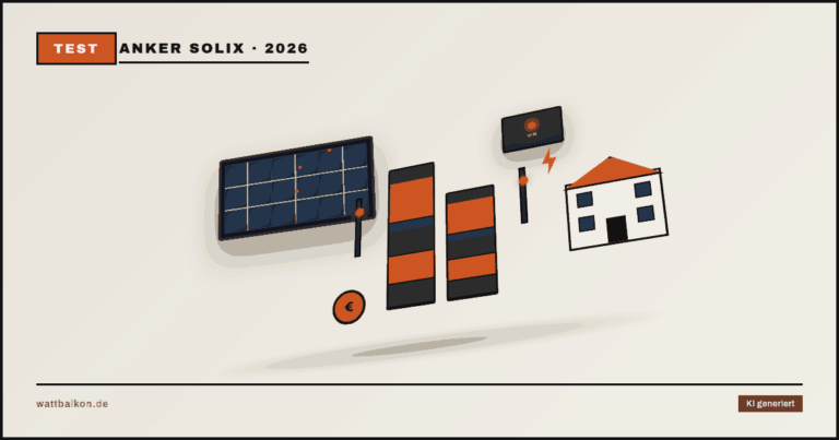KI generiert: Anker SOLIX Solarbank 3 Pro im Test – 3D-Szene mit Solarmodul, zwei Solarbank-Speichertuermen, Wechselrichter und Haus im Brutal-Design von wattbalkon.de