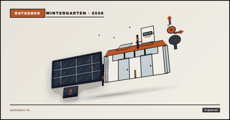 KI generiert: 3D-Illustration Balkonkraftwerk am Wintergarten — Solarmodul mit Wechselrichter, angeschlossener Wintergarten mit Glasfront, Stromzähler (800 W), Münze für Stromkosten-Ersparnis, Bäume und Schnee